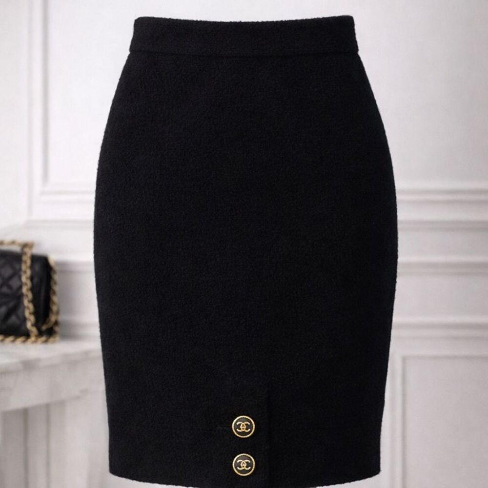 Vintage CHANEL Boutique Black Wool Pencil Skirt FR34 US2 Karl Lagerfeld France
